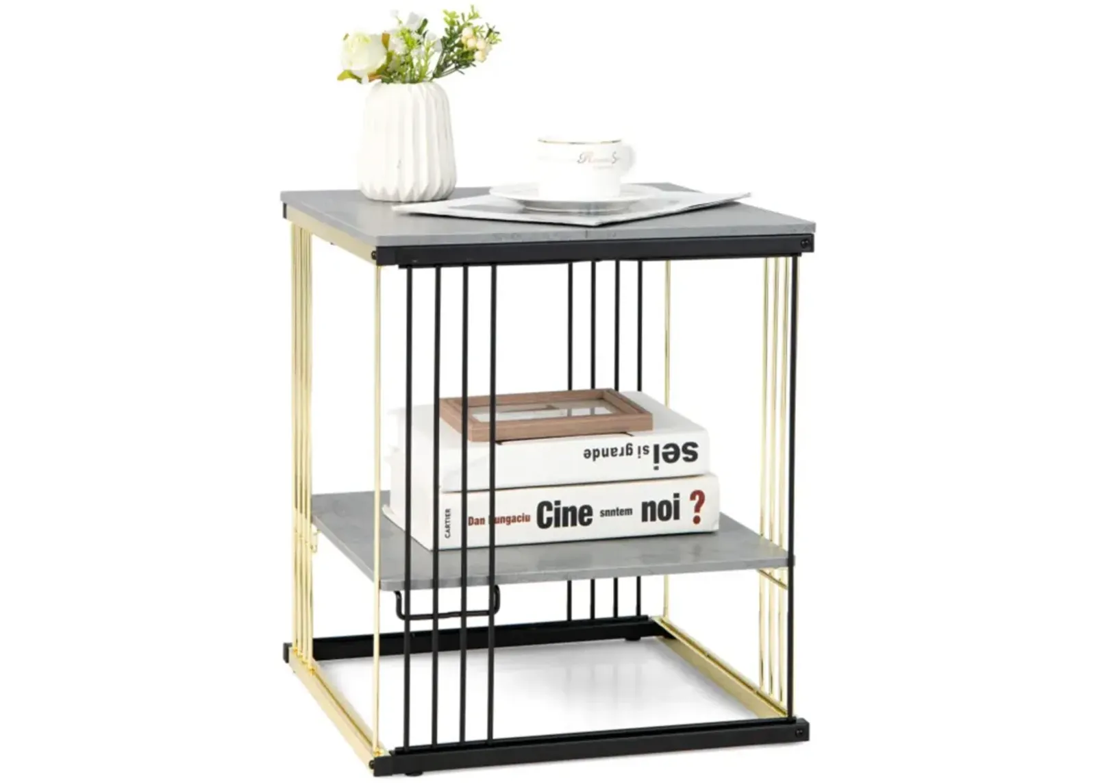 Hivvago 2-Tier Metal Square Side End Table with Removable Shelf-Gray