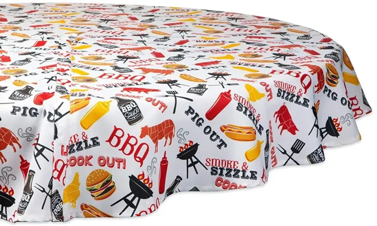 60" White and Yellow Barbeque Themed Round Outdoor Tablecloth with Zipping