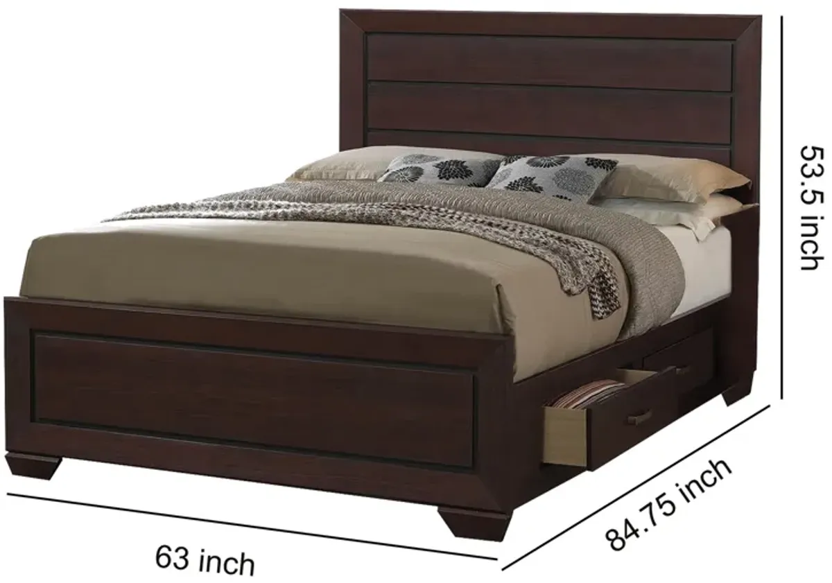 Wooden Queen Size Bed with 4 Spacious Side Rail Drawers, Dark Brown-Benzara