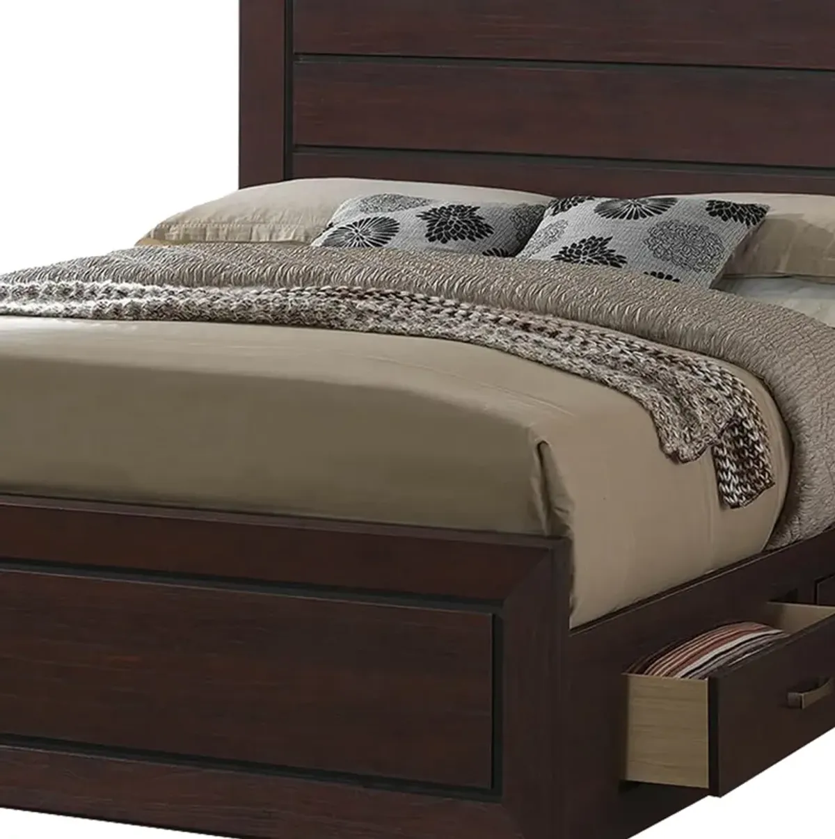 Wooden Queen Size Bed with 4 Spacious Side Rail Drawers, Dark Brown-Benzara