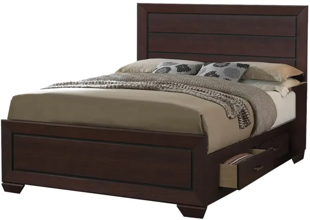 Wooden Queen Size Bed with 4 Spacious Side Rail Drawers, Dark Brown-Benzara