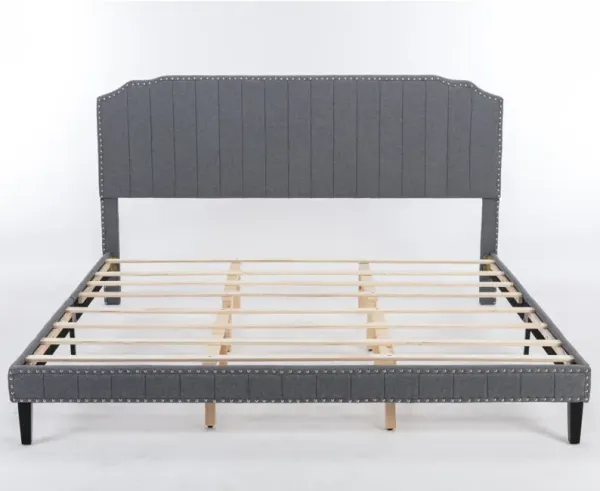 King Size Bed With Headboard, Modern Linen Curved Upholstered Platform Bed, Solid
