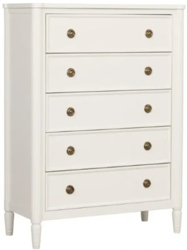 Alta Tall Dresser Chest, 5 Drawers, Gold, White Solid Wood, 38 Inch - Benzara