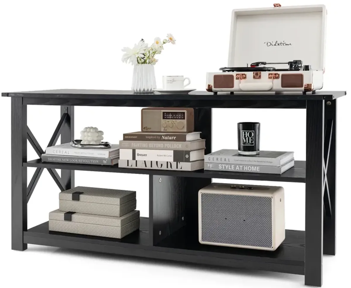 3 Tier Wood TV Stand for 55-Inch with Open Shelves and X-Shaped Frame