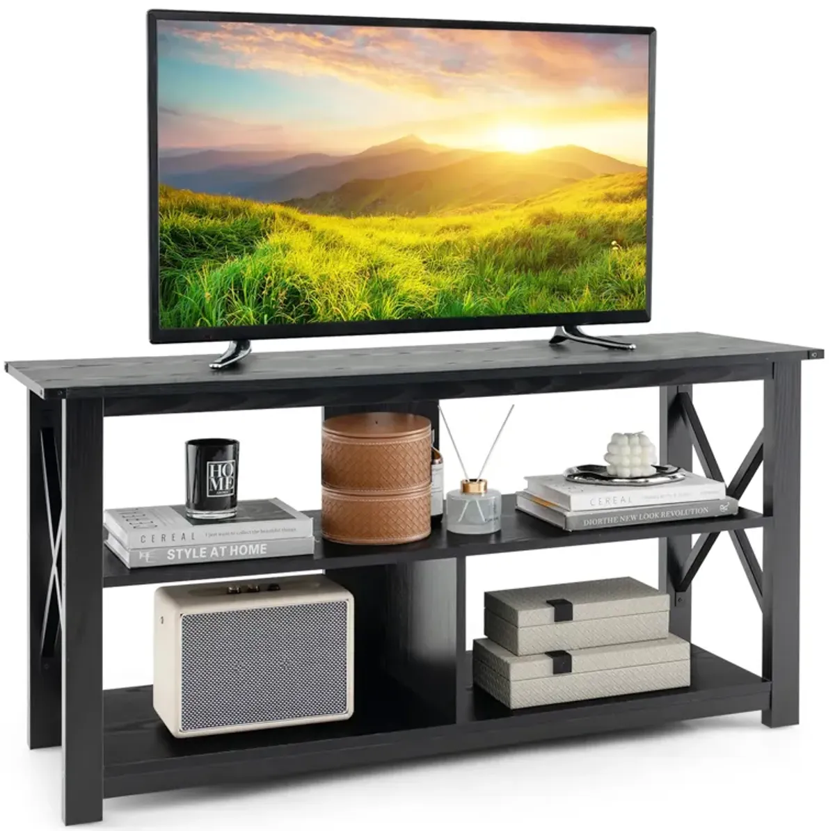 3 Tier Wood TV Stand for 55-Inch with Open Shelves and X-Shaped Frame