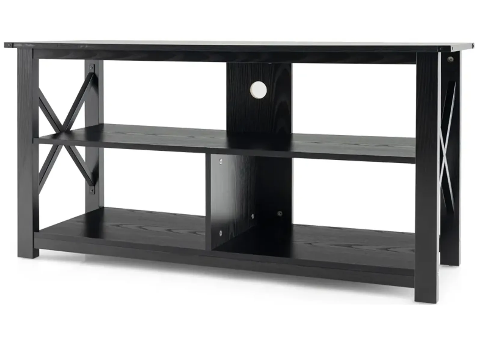 3 Tier Wood TV Stand for 55-Inch with Open Shelves and X-Shaped Frame