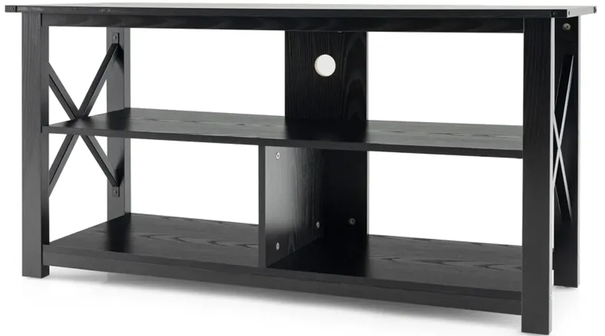 3 Tier Wood TV Stand for 55-Inch with Open Shelves and X-Shaped Frame