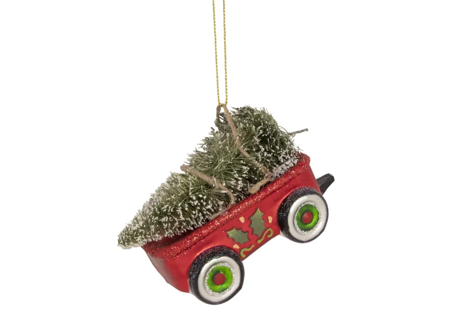 4.5" Red Glittered Wagon with Tree Christmas Ornament