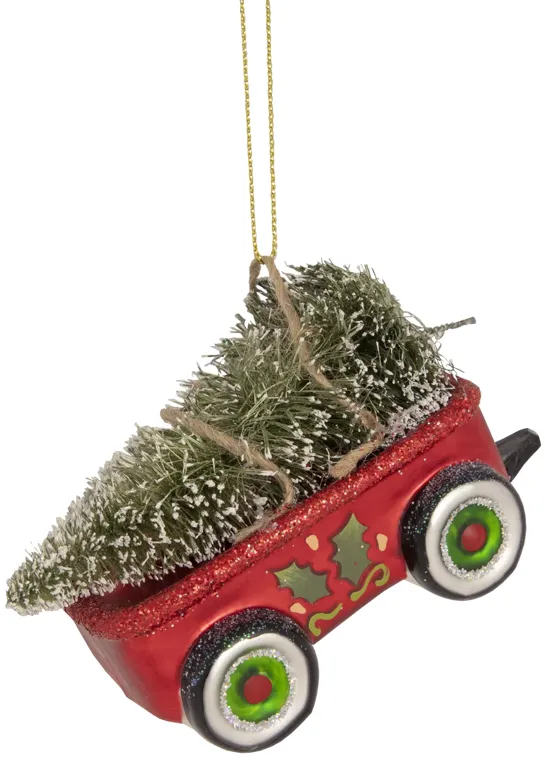 4.5" Red Glittered Wagon with Tree Christmas Ornament