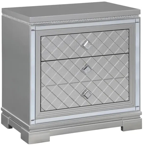 Axl 29 Inch 2 Drawer Nightstand, USB Ports, Embossed, Mirror Trim, Silver-Benzara