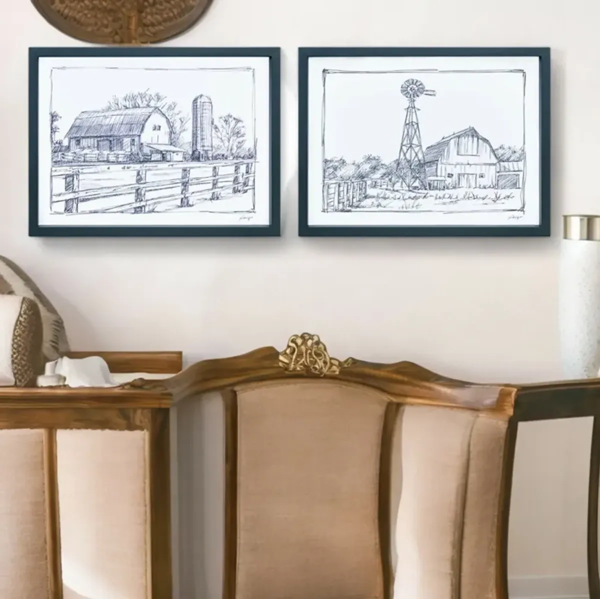Set of 2 Framed Sketch Art Barn Prints – Rustic Farmhouse Decor for Home, Living Room, and Wall Art