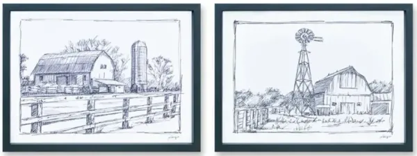 Set of 2 Framed Sketch Art Barn Prints – Rustic Farmhouse Decor for Home, Living Room, and Wall Art