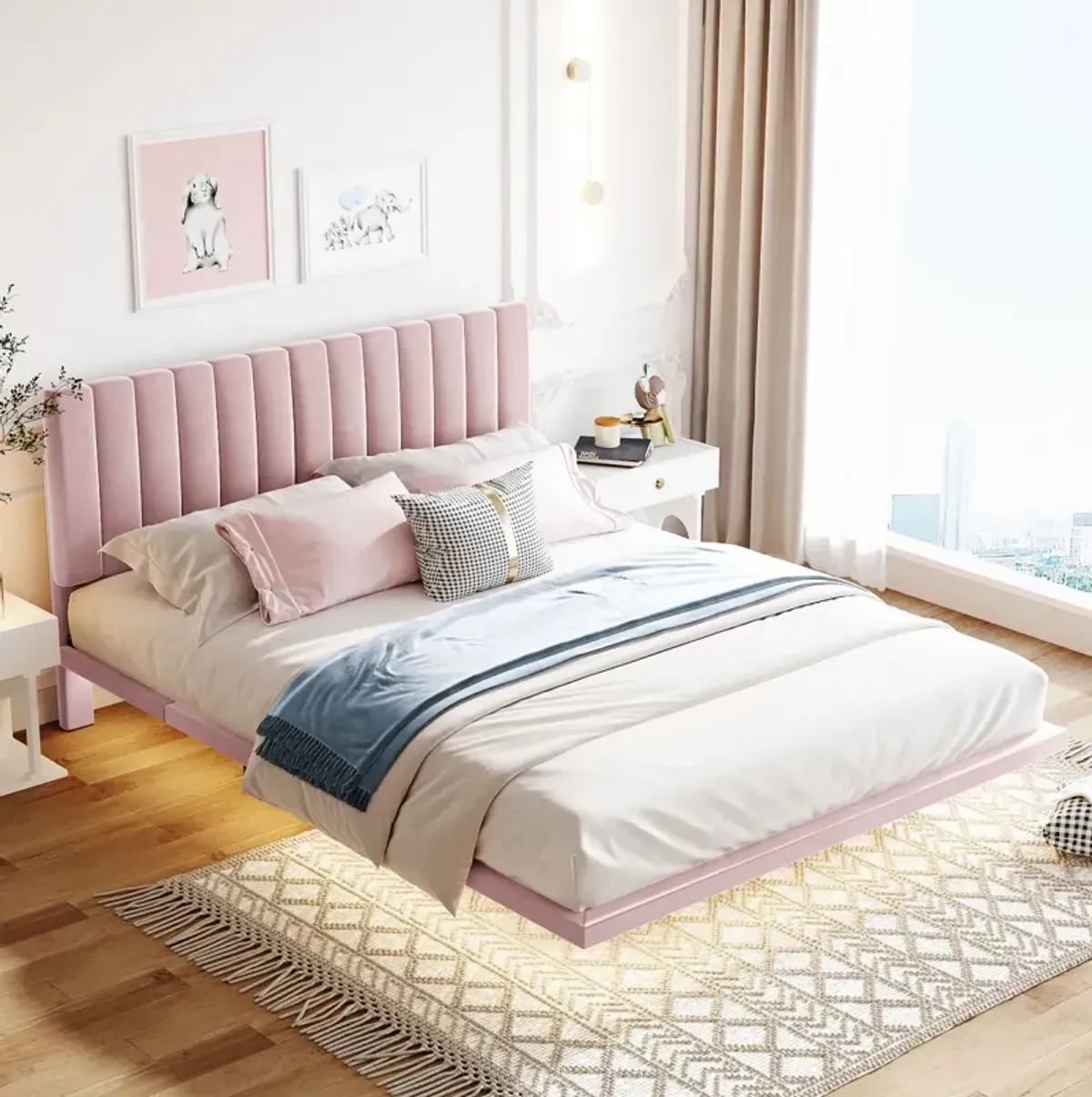 Queen Size Upholstered Bed With Sensor Light And Headboard, Floating Velvet Platform Bed, Pink