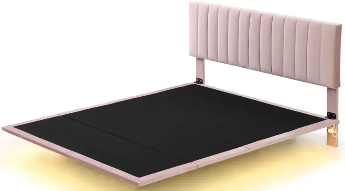 Queen Size Upholstered Bed With Sensor Light And Headboard, Floating Velvet Platform Bed, Pink