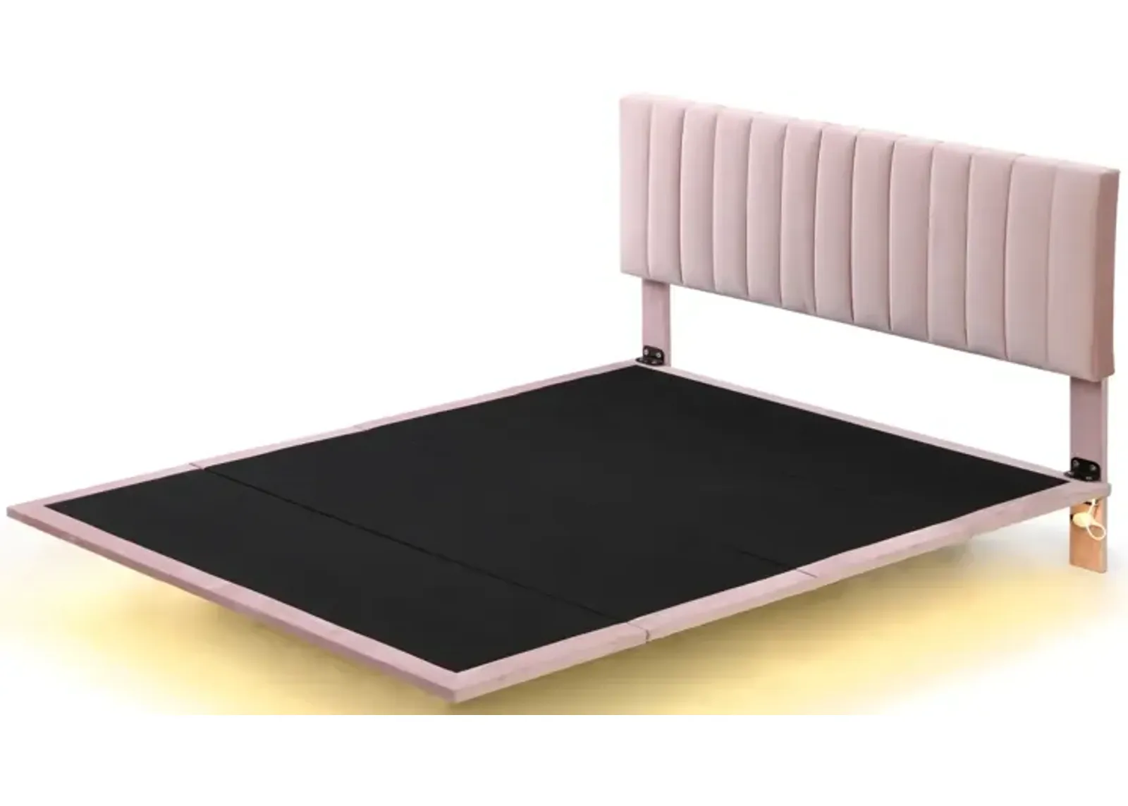 Queen Size Upholstered Bed With Sensor Light And Headboard, Floating Velvet Platform Bed, Pink