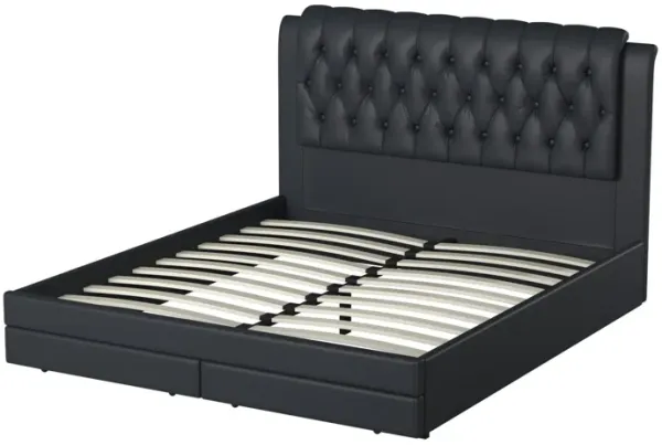 Mesmerizing Wooden C.King Bed With Tufted PU Head Board, Black - Benzara