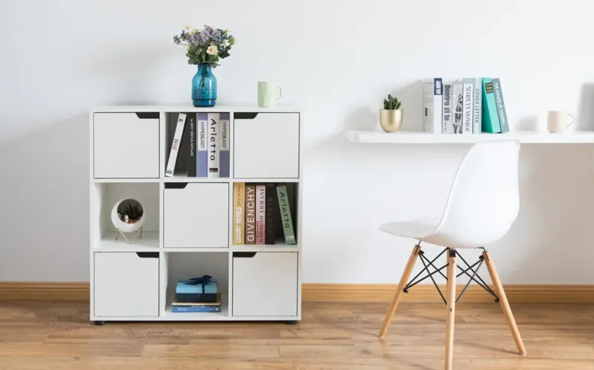 9 Cube Wooden Organizer with 5 Enclosed Doors and 4 Shelves, White