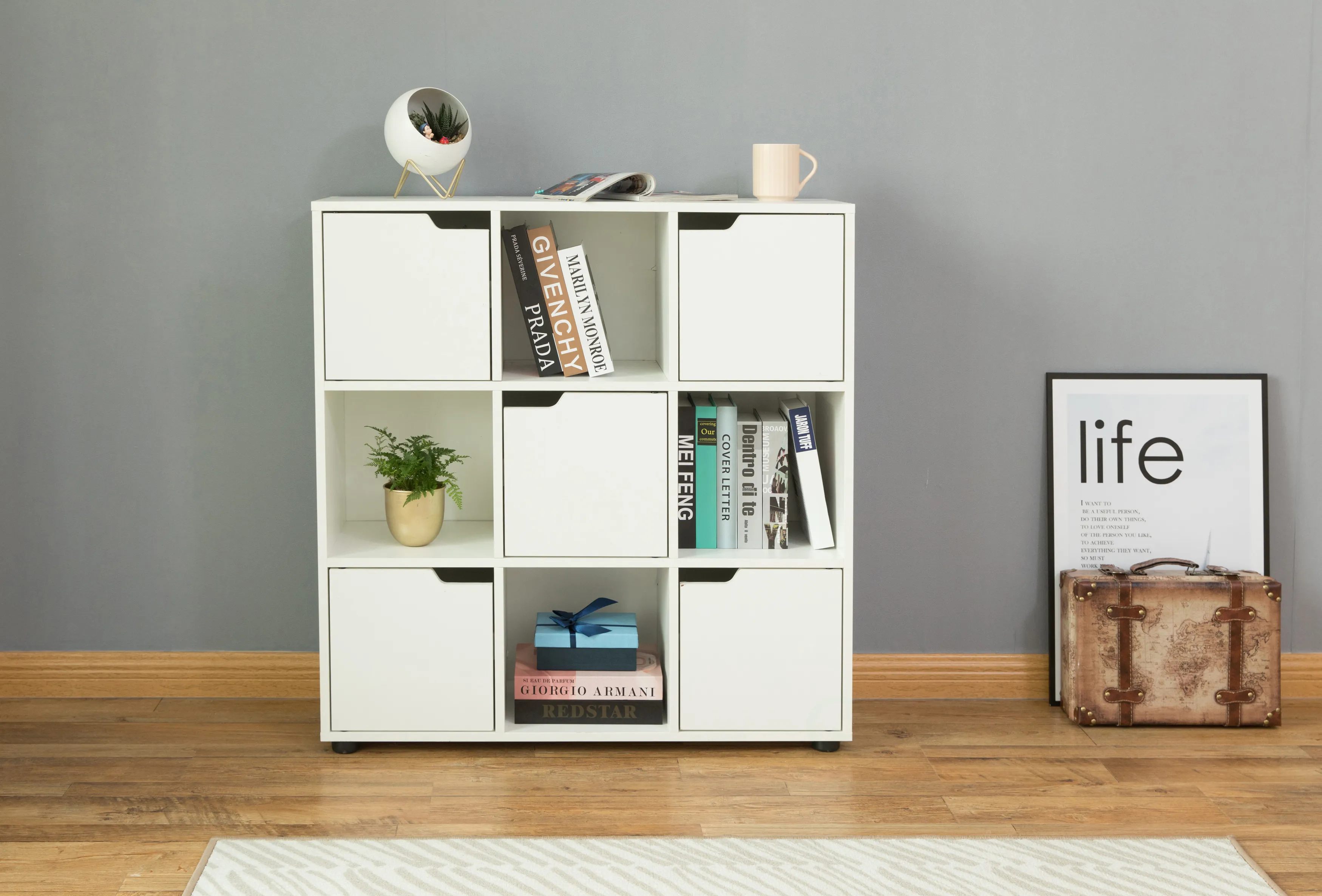 9 Cube Wooden Organizer with 5 Enclosed Doors and 4 Shelves, White