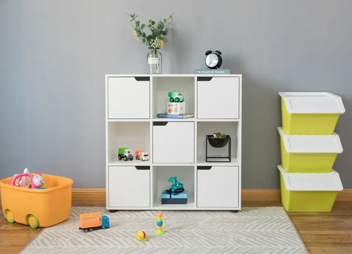 9 Cube Wooden Organizer with 5 Enclosed Doors and 4 Shelves, White