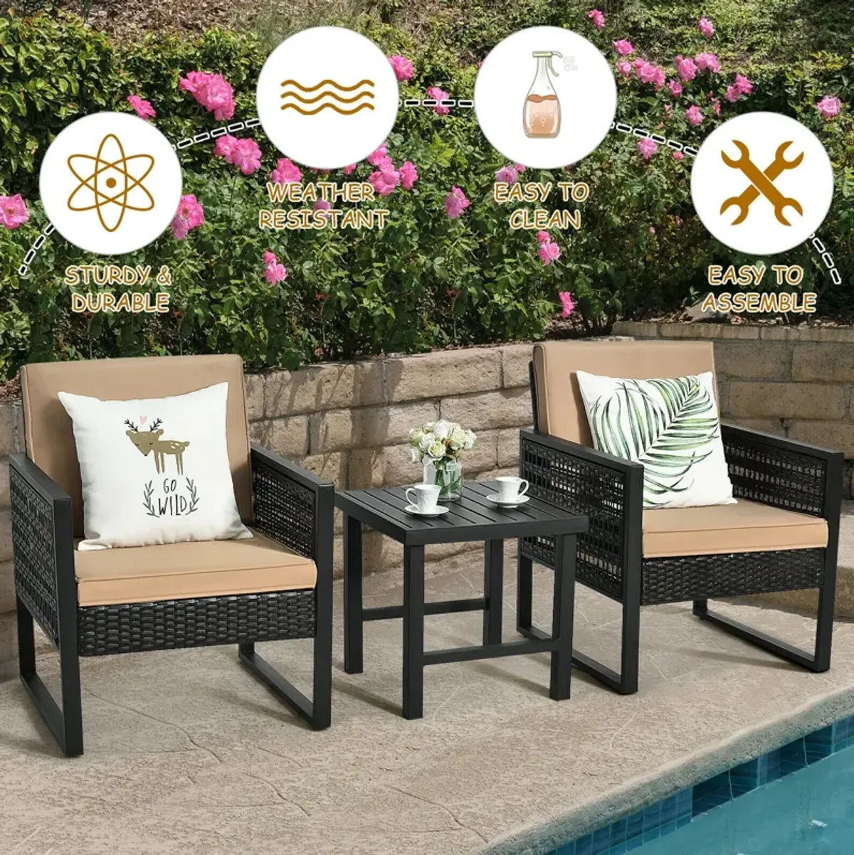 3 Pieces Patio Rattan Bistro Cushioned Furniture Set