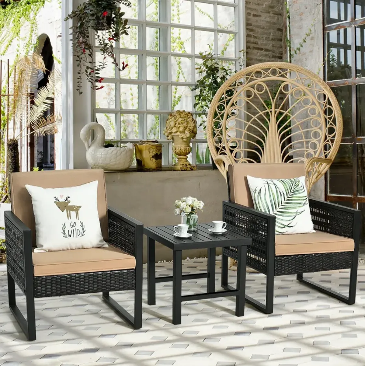 3 Pieces Patio Rattan Bistro Cushioned Furniture Set