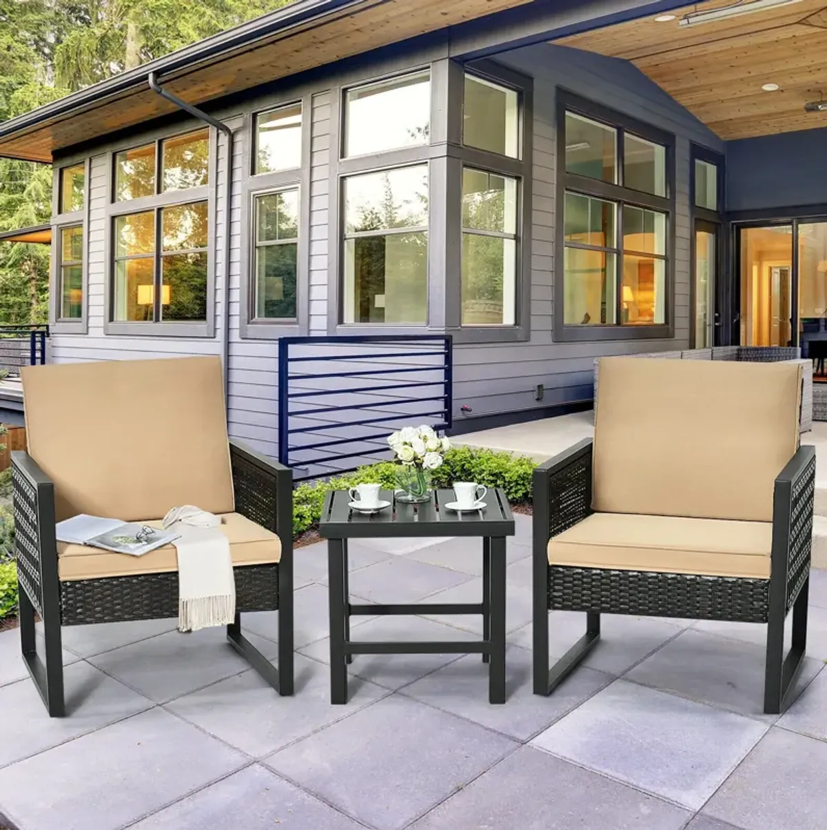 3 Pieces Patio Rattan Bistro Cushioned Furniture Set