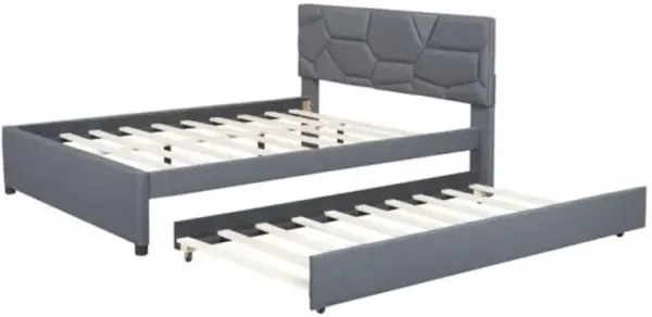 Upholstered Platform Bed with Brick Headboard and Pull-Out Trundle