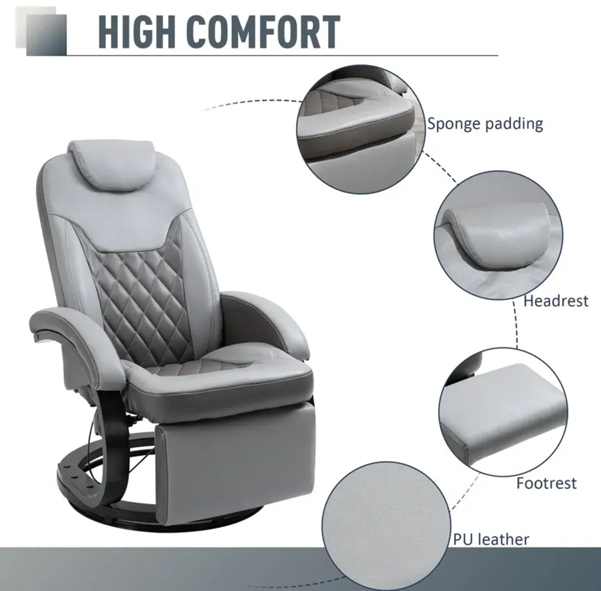 Gray Living Room Lounger: PU Recliner Armchair with Swivel and Footrest