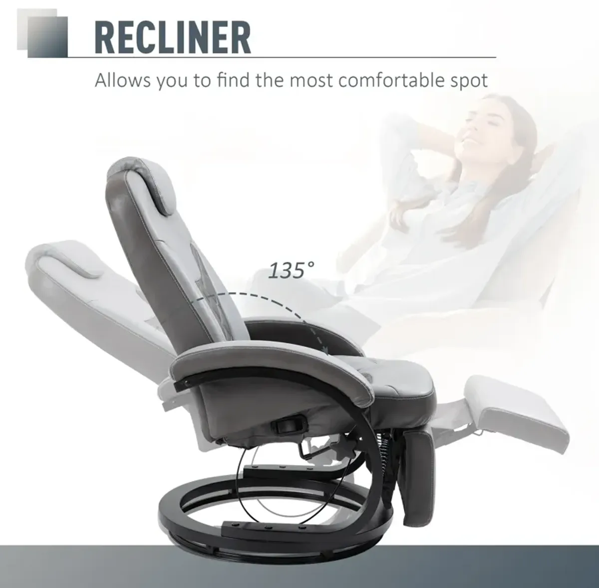 Gray Living Room Lounger: PU Recliner Armchair with Swivel and Footrest