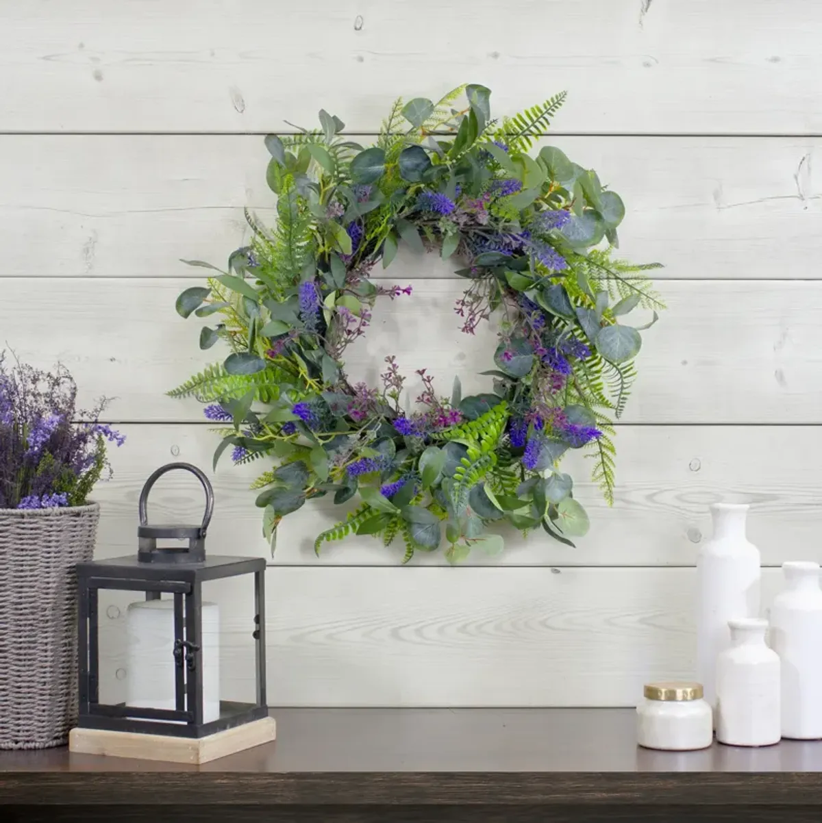 Lavender and Mixed Foliage Artificial Floral Spring Wreath  Purple and Green - 22-Inch