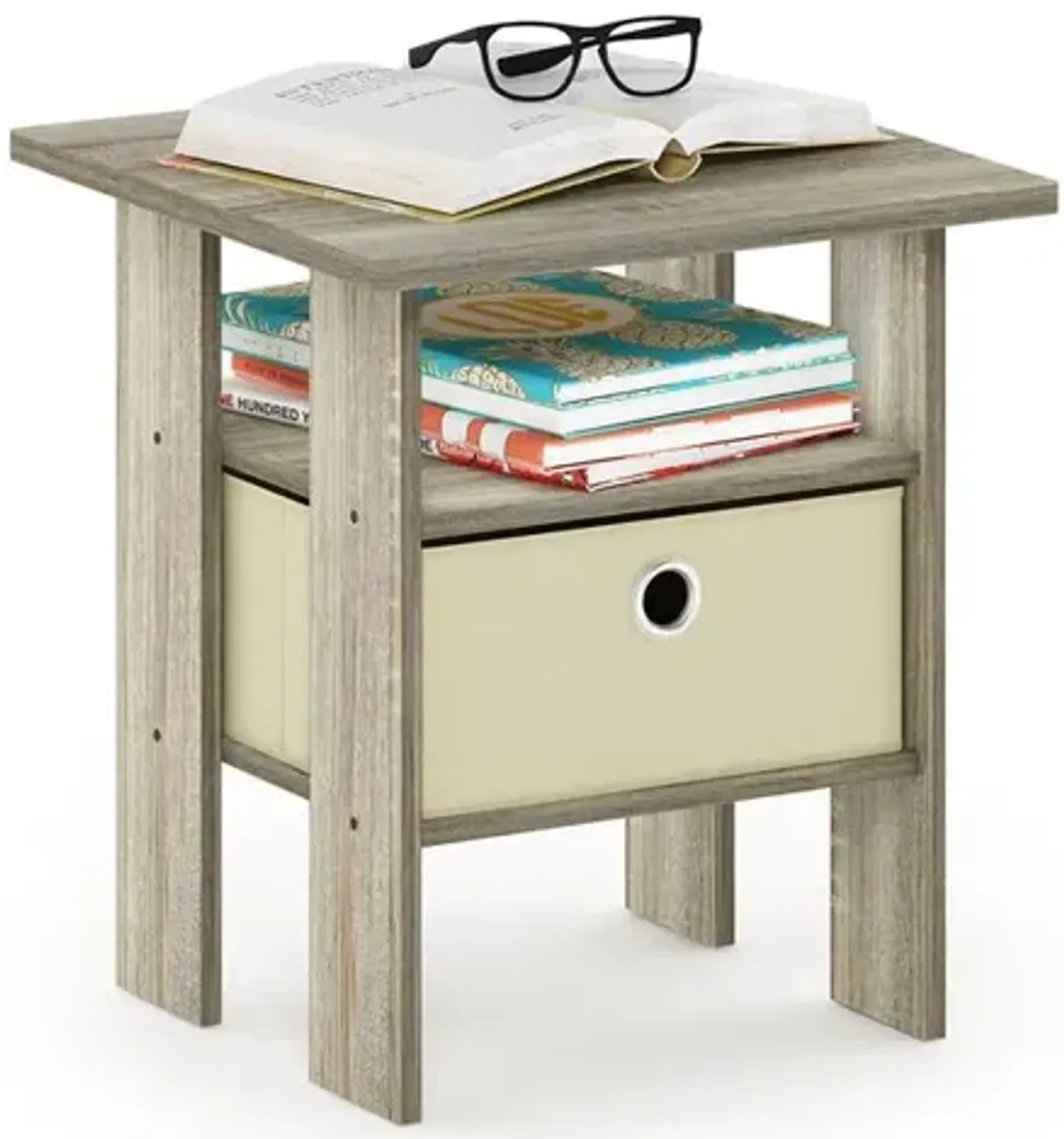 Furinno Andrey End Table Nightstand with Bin Drawer, Sonoma Oak/Ivory