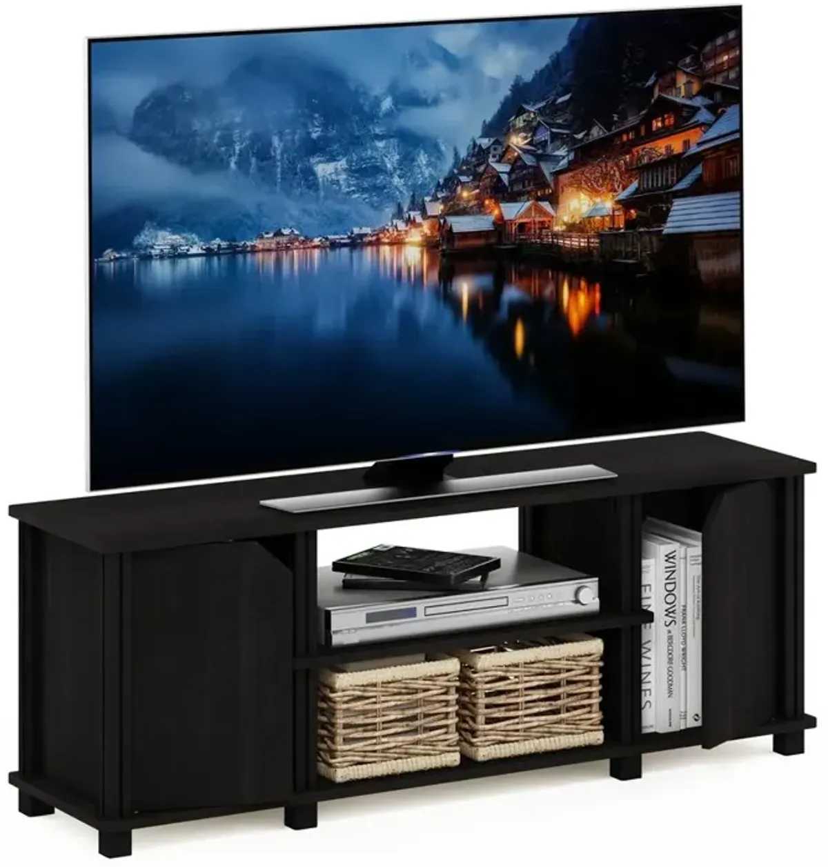 Furinno Simplistic TV Stand with Shelves and Storage, Espresso/Black