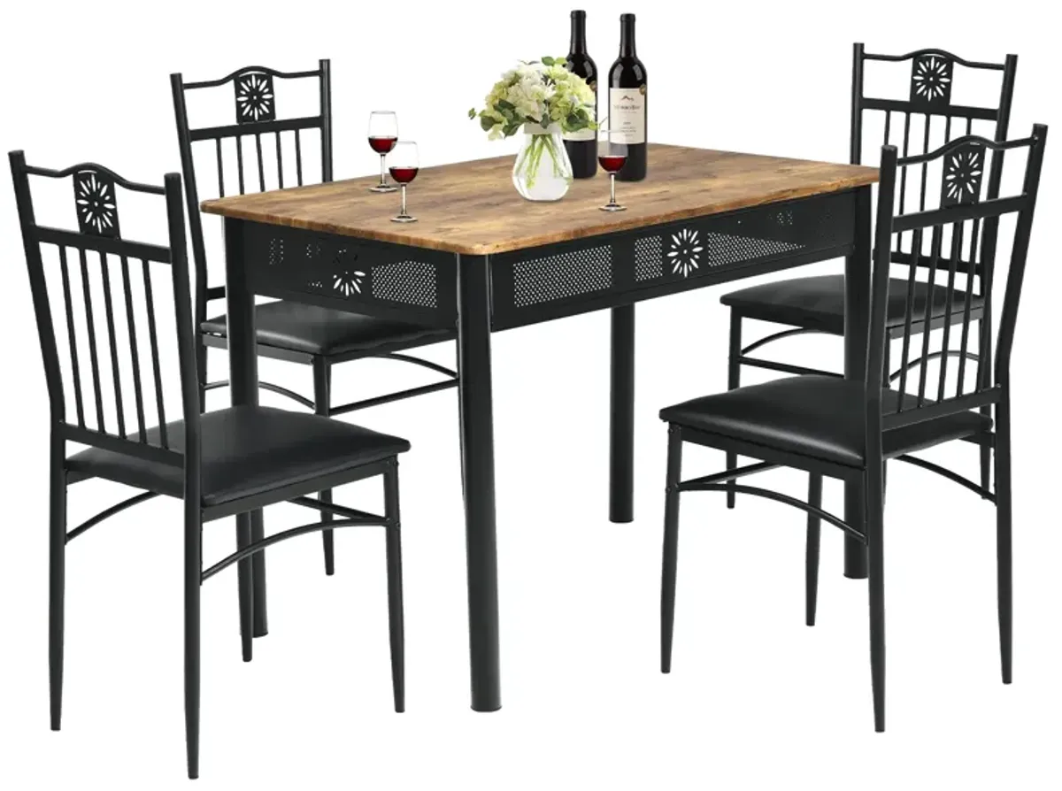 5 Pcs Dining Set Wood Metal Table and 4 Chairs with Cushions