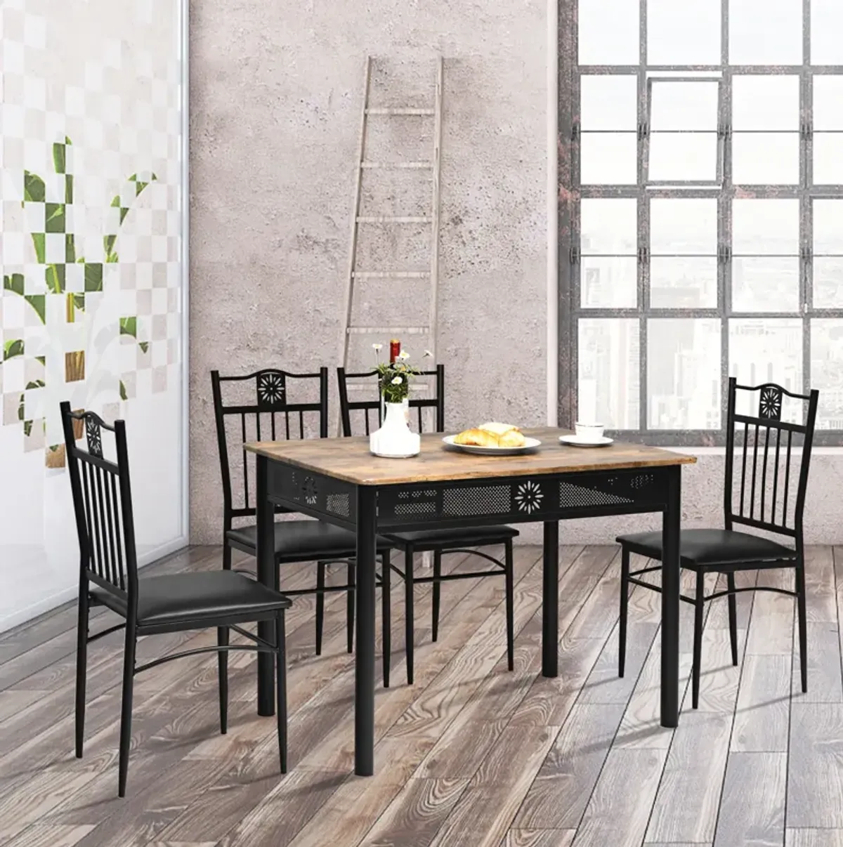 5 Pcs Dining Set Wood Metal Table and 4 Chairs with Cushions