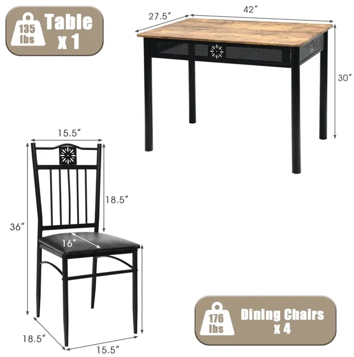 5 Pcs Dining Set Wood Metal Table and 4 Chairs with Cushions