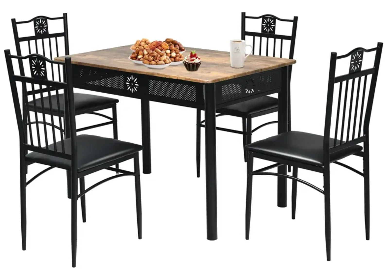 5 Pcs Dining Set Wood Metal Table and 4 Chairs with Cushions