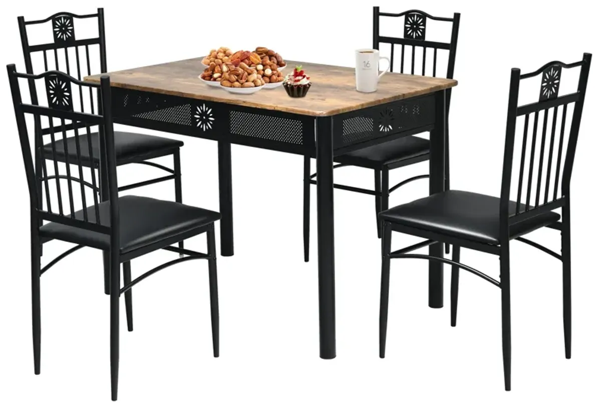 5 Pcs Dining Set Wood Metal Table and 4 Chairs with Cushions