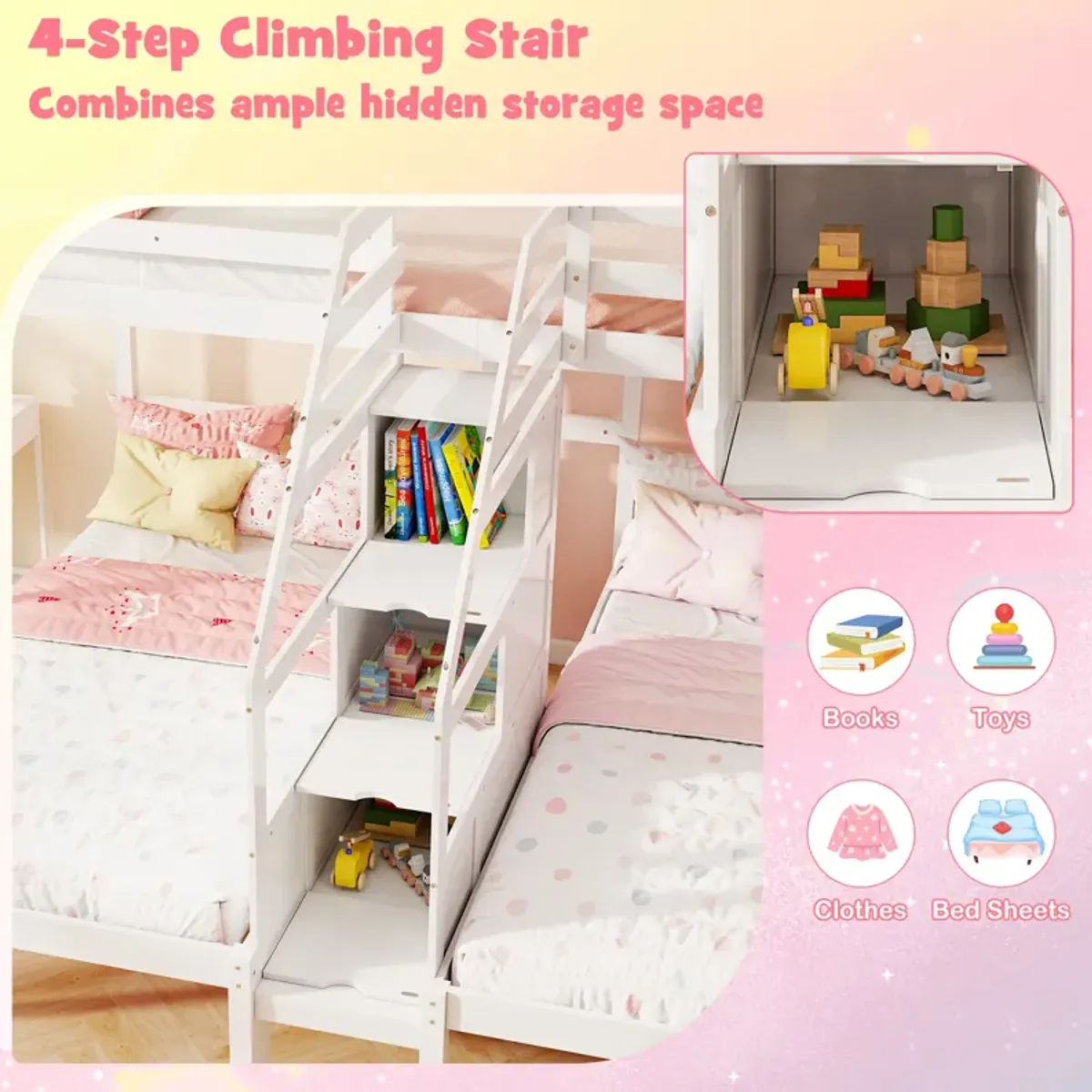 Bunk Bed with Storage Staircase and Guardrail for 3 Kids Teens