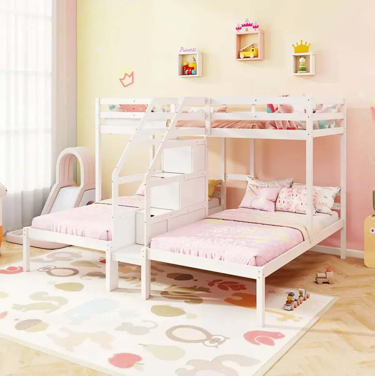 Bunk Bed with Storage Staircase and Guardrail for 3 Kids Teens