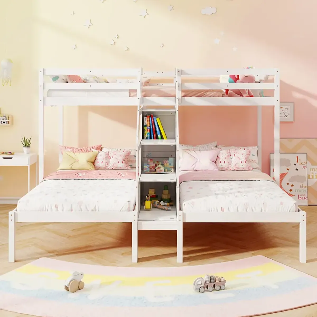 Bunk Bed with Storage Staircase and Guardrail for 3 Kids Teens