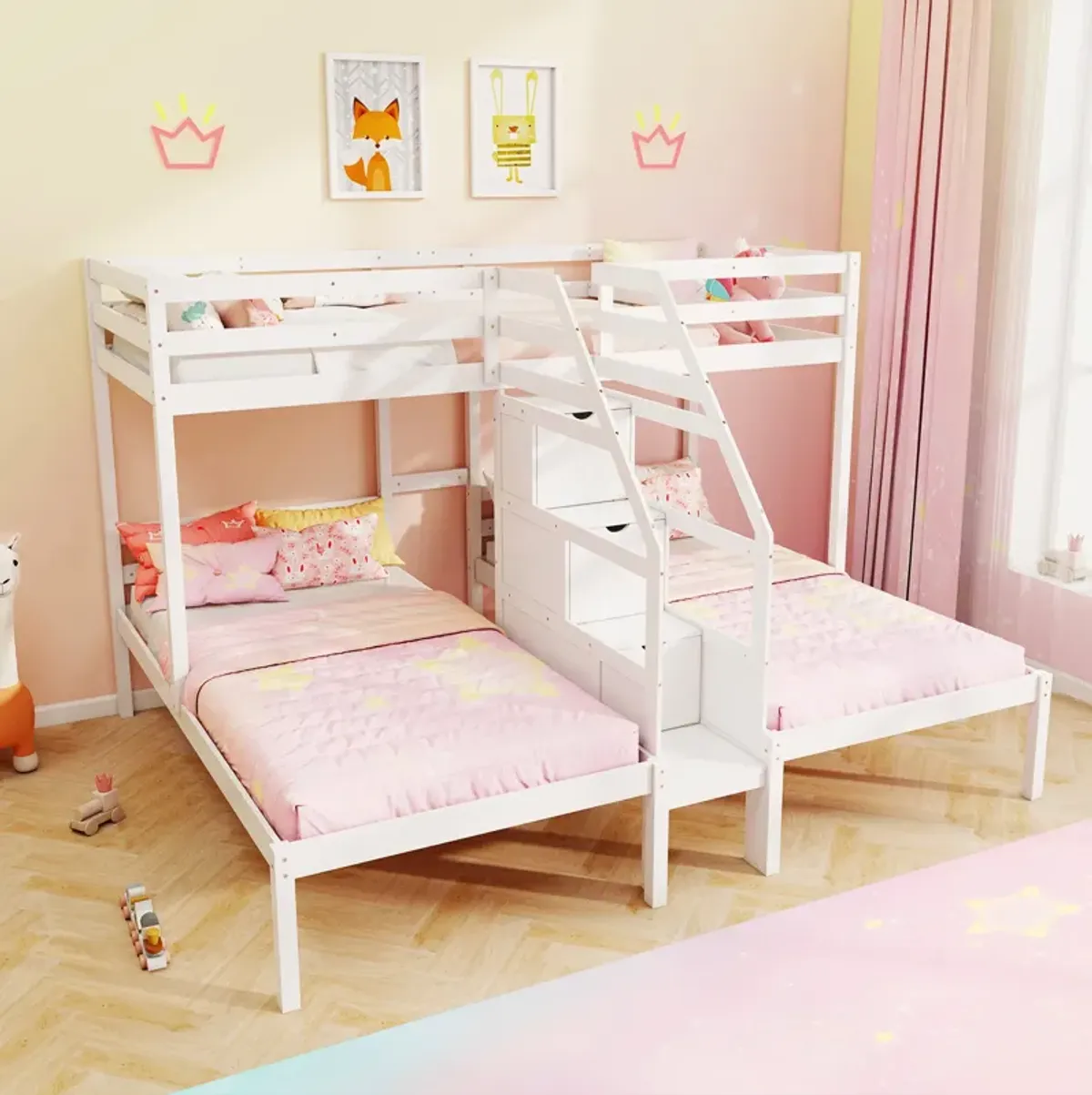 Bunk Bed with Storage Staircase and Guardrail for 3 Kids Teens