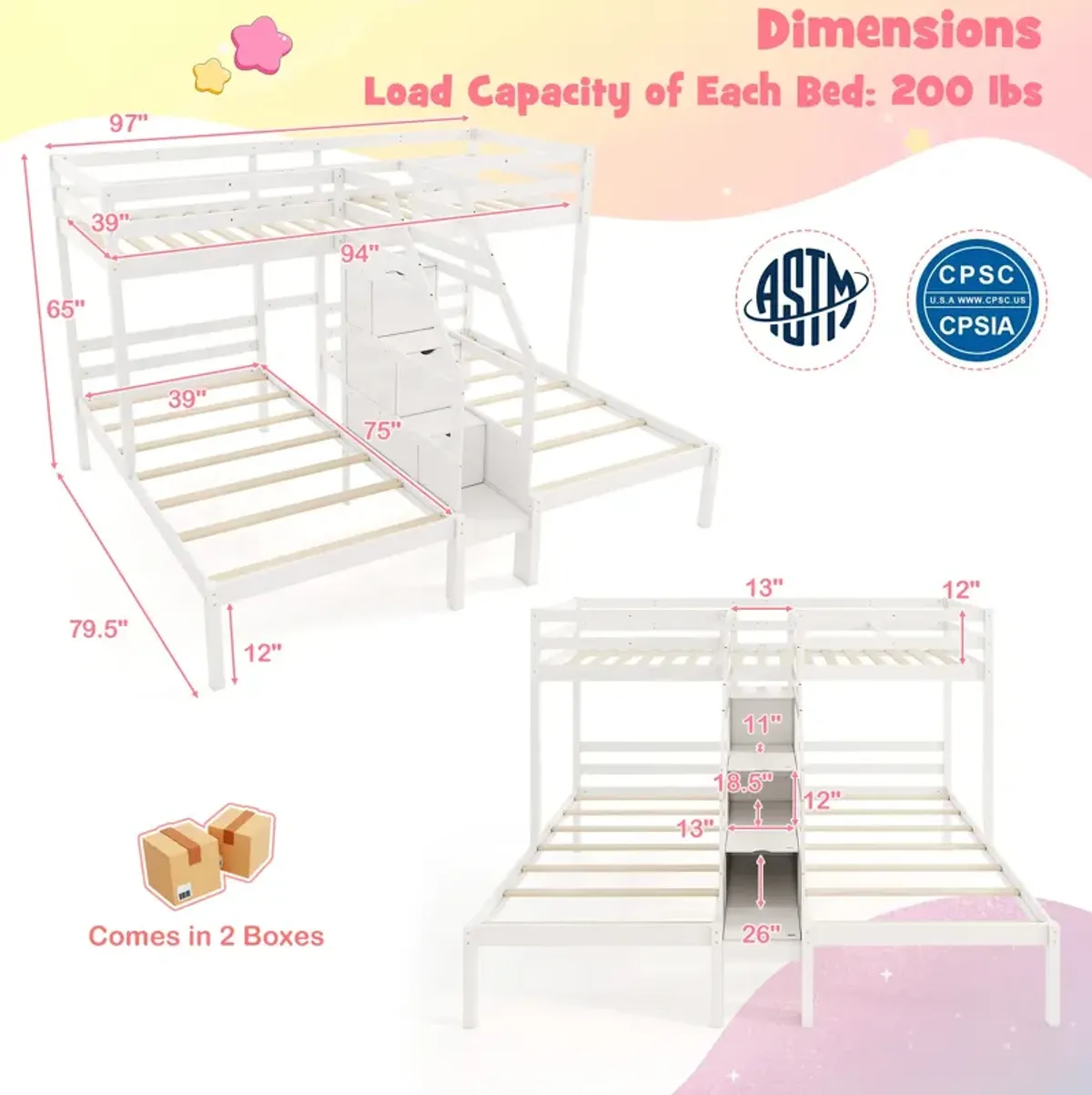 Bunk Bed with Storage Staircase and Guardrail for 3 Kids Teens