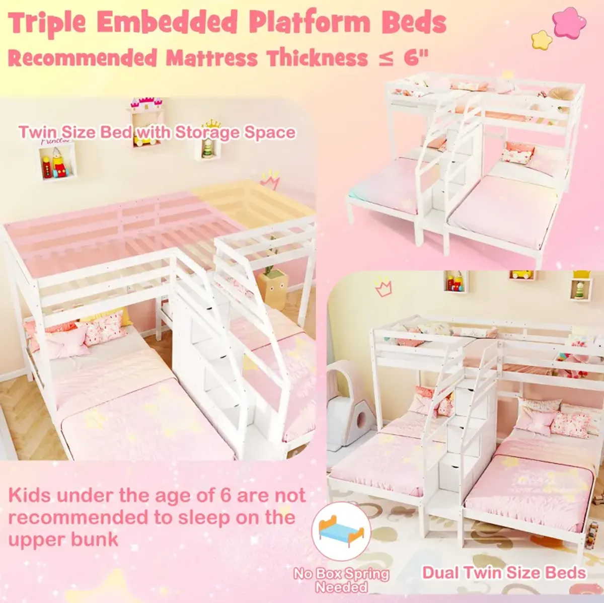 Bunk Bed with Storage Staircase and Guardrail for 3 Kids Teens