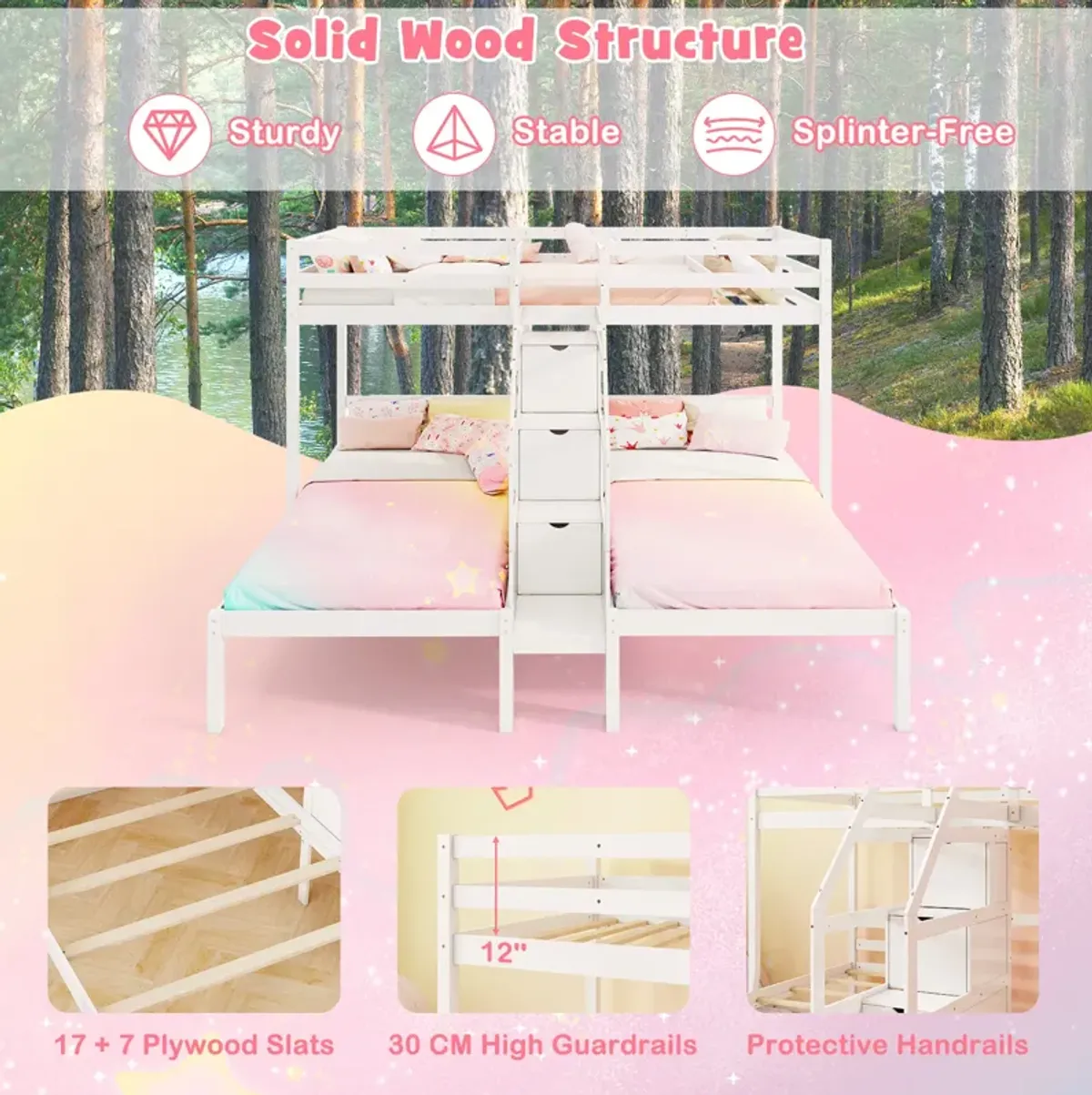 Bunk Bed with Storage Staircase and Guardrail for 3 Kids Teens