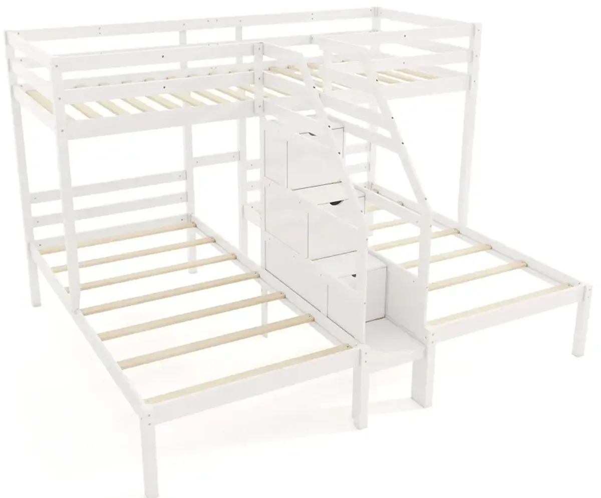 Bunk Bed with Storage Staircase and Guardrail for 3 Kids Teens