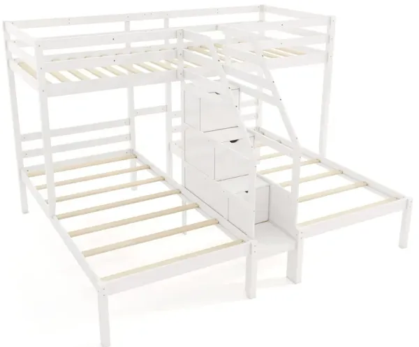 Bunk Bed with Storage Staircase and Guardrail for 3 Kids Teens