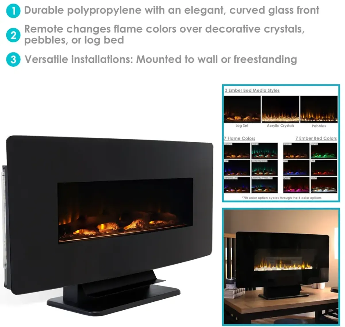 Sunnydaze 35.75 in Curved Face Wall or Freestanding Electric Fireplace