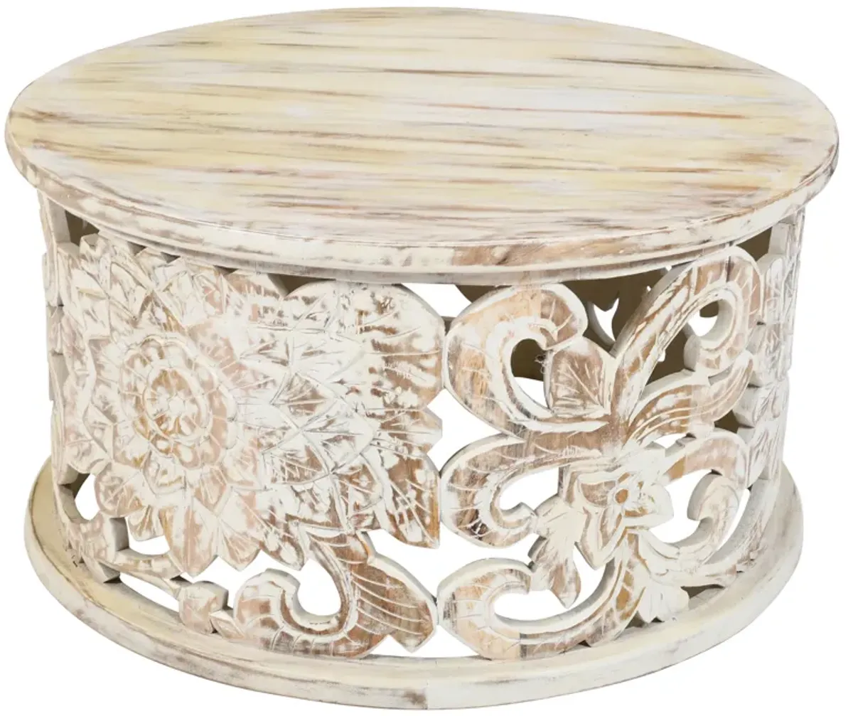 Alina Coffee Table Handcrafted Mango Wood Floral Carved Cut Out Design Distressed White Finish 33 Inch - Benzara