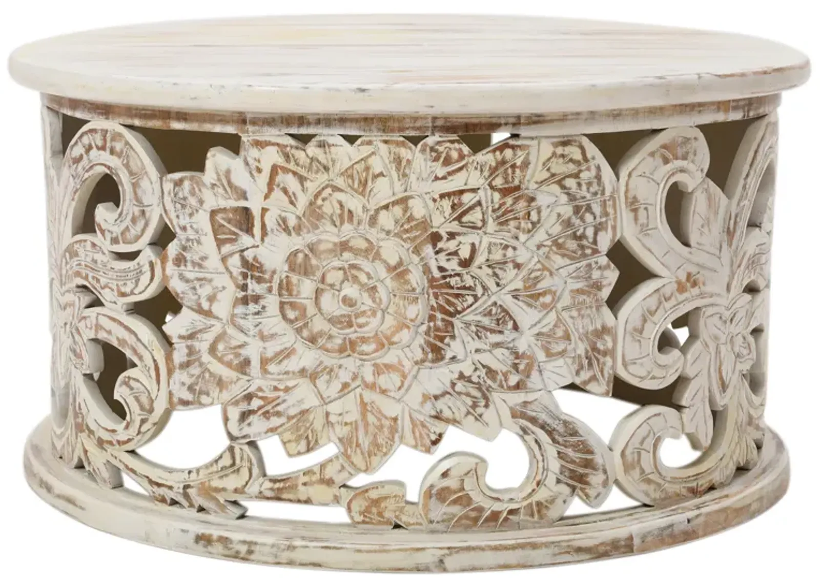 Alina Coffee Table Handcrafted Mango Wood Floral Carved Cut Out Design Distressed White Finish 33 Inch - Benzara