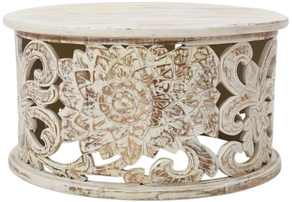 Alina Coffee Table Handcrafted Mango Wood Floral Carved Cut Out Design Distressed White Finish 33 Inch - Benzara